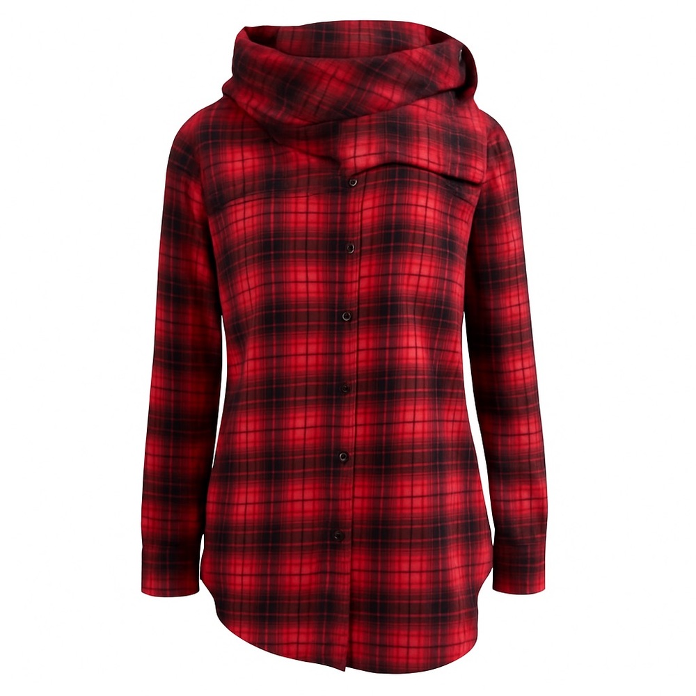 Plaid Hooded Button-Up flannel Shirt With Shawl Collar In Red & Black size Large